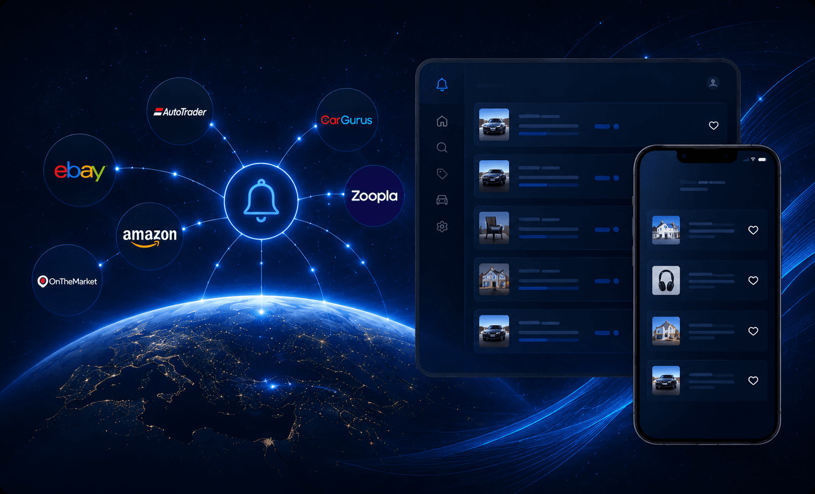 Connected marketplace logos and a notification dashboard for Alertz Me